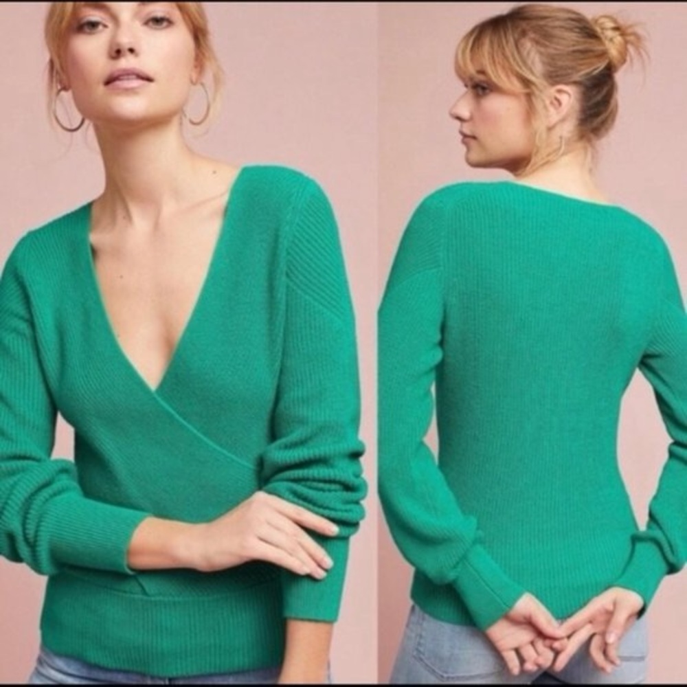 Anthropologie Green Wrapped V-Neck Sweater